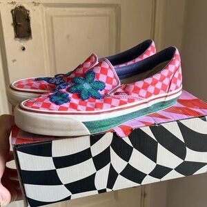 Red Checkered Slip-On Shoes with Green Floral Design